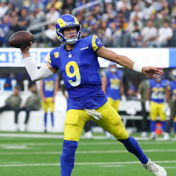 Nov 2, 2025; Inglewood, California, USA; Los Angeles Rams quarterback Matthew Stafford (9) throws a pass against the New Orleans Saints during the second half at SoFi Stadium. Mandatory Credit: Kiyoshi Mio-Imagn Images