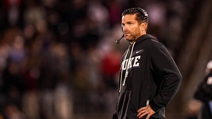Nov 8, 2025; East Hartford, Connecticut, USA; Duke Blue Devils head coach Manny Diaz watches from the sideline as they take on the UConn Huskies at Pratt & Whitney Stadium at Rentschler Field. Mandatory Credit: David Butler II-Imagn Images