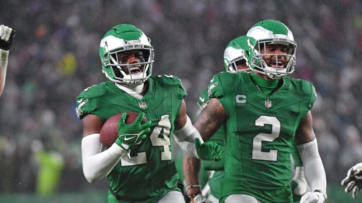 Nov 26, 2023; Philadelphia, Pennsylvania, USA; Philadelphia Eagles cornerback James Bradberry (24) celebrates his interception during the fourth quarter against the Buffalo Bills at Lincoln Financial Field. Mandatory Credit: Eric Hartline-USA TODAY Sports