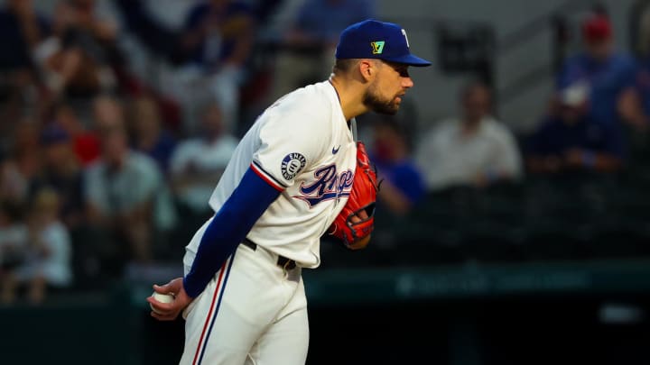 Aug 17, 2024; Arlington, Texas, USA;  Texas Rangers starting pitcher Nathan Eovaldi (17) throws  against the Minnesota Twins during the first inning  at Globe Life Field. Mandatory Credit: Kevin Jairaj-USA TODAY Sports