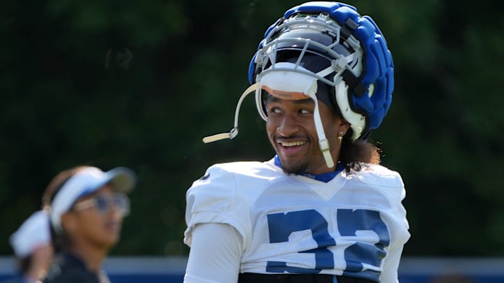 Indianapolis Colts safety Julian Blackmon (32) walks onto the field during the Colts’ training camp on Friday, Aug. 9, 2024, at Grand Park Sports Complex in Westfield.