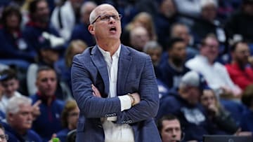 Dec 5, 2025; Storrs, Connecticut, USA; UConn Huskies head coach Dan Hurley watches from the sideline as they take on East Texas A&M at Harry A. Gampel Pavilion. Mandatory Credit: David Butler II-Imagn Images