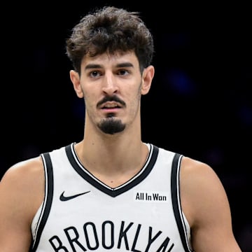 Nov 3, 2025; Brooklyn, New York, USA; Brooklyn Nets guard Ben Saraf (77) during a game against the Minnesota Timberwolves at Barclays Center. Mandatory Credit: John Jones-Imagn Images