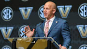 Jul 14, 2025; Atlanta, GA, USA; Vanderbilt Commodores head coach Clark Lea talks with the media during SEC Media Day at Omni Atlanta Hotel. Mandatory Credit: Jordan Godfree-Imagn Images