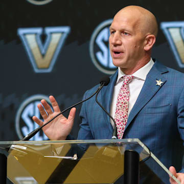 Jul 14, 2025; Atlanta, GA, USA; Vanderbilt Commodores head coach Clark Lea talks with the media during SEC Media Day at Omni Atlanta Hotel. Mandatory Credit: Jordan Godfree-Imagn Images