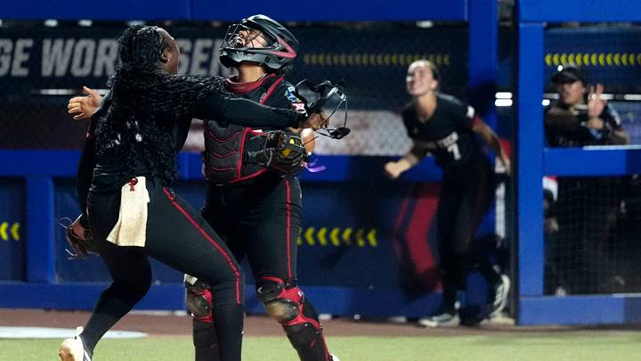 Texas Tech's Nijaree Canady (24) and Victoria Valdez (13) celebrate following a Women's College World Series softball game between Texas Tech Red Raiders and the UCLA Bruins at Devon Park in Oklahoma City, May 31, 2026.