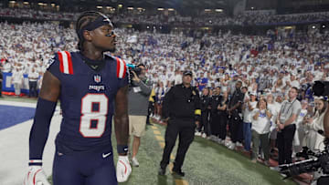 Stefon Diggs, a former Bills player, looks around at the crowd as the crowd has a mixed reaction to his return with another team before the Bills home game against the New England Patriots at Highmark Stadium in Orchard Park on Oct. 5, 2025.