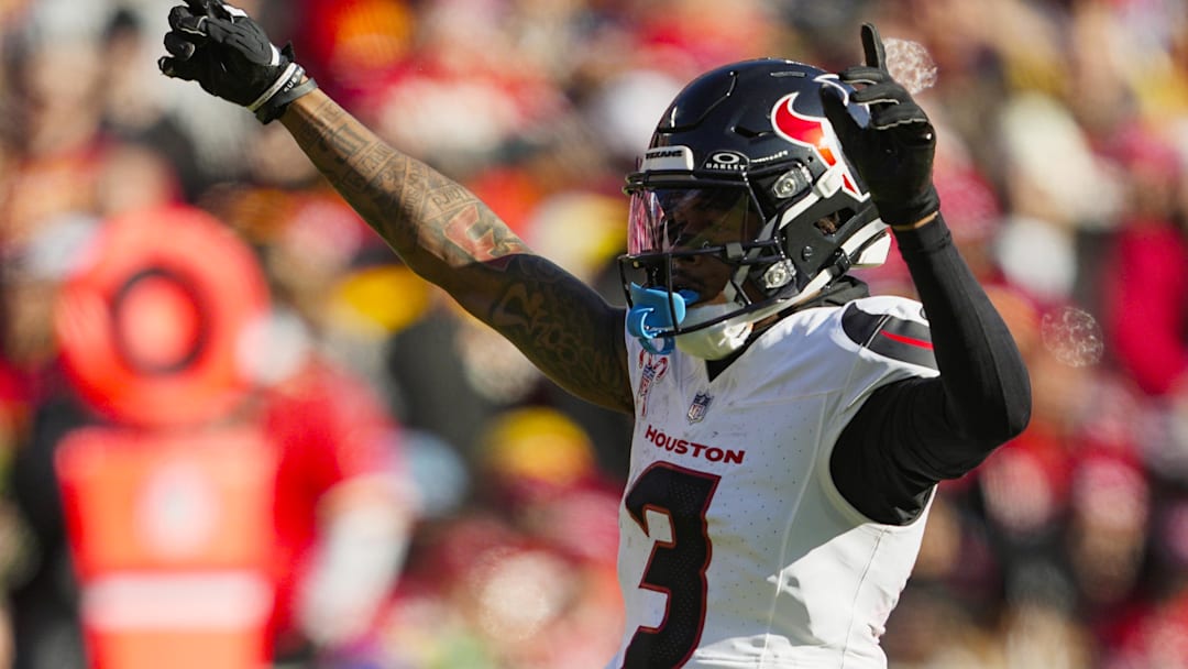 Dec 21, 2024; Kansas City, Missouri, USA; Houston Texans wide receiver Tank Dell (3) celebrates after a play during the first half against the Kansas City Chiefs at GEHA Field at Arrowhead Stadium. Mandatory Credit: Jay Biggerstaff-Imagn Images