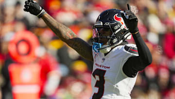 Dec 21, 2024; Kansas City, Missouri, USA; Houston Texans wide receiver Tank Dell (3) celebrates after a play during the first half against the Kansas City Chiefs at GEHA Field at Arrowhead Stadium. Mandatory Credit: Jay Biggerstaff-Imagn Images