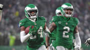 Nov 26, 2023; Philadelphia, Pennsylvania, USA; Philadelphia Eagles cornerback James Bradberry (24) celebrates his interception during the fourth quarter against the Buffalo Bills at Lincoln Financial Field. Mandatory Credit: Eric Hartline-USA TODAY Sports