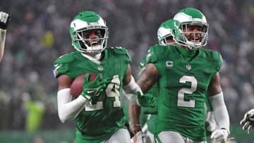 Nov 26, 2023; Philadelphia, Pennsylvania, USA; Philadelphia Eagles cornerback James Bradberry (24) celebrates his interception during the fourth quarter against the Buffalo Bills at Lincoln Financial Field. Mandatory Credit: Eric Hartline-USA TODAY Sports