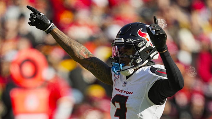Dec 21, 2024; Kansas City, Missouri, USA; Houston Texans wide receiver Tank Dell (3) celebrates after a play during the first half against the Kansas City Chiefs at GEHA Field at Arrowhead Stadium. Mandatory Credit: Jay Biggerstaff-Imagn Images