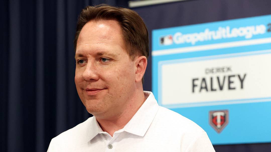 Feb 15, 2024; Tampa, FL, USA; Minnesota Twins president of baseball operations Derek Falvey talks with media at George M. Steinbrenner Field. Mandatory Credit: Kim Klement Neitzel-Imagn Images