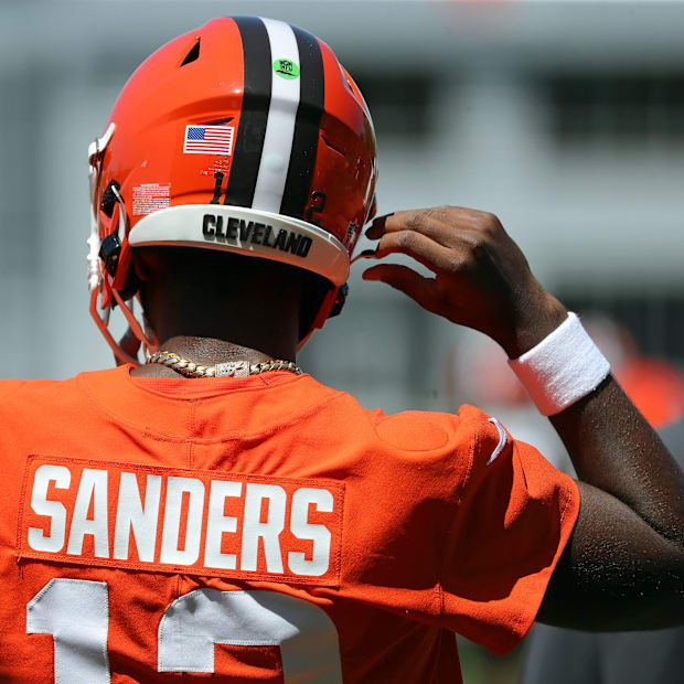 Cleveland Browns quarterback Shedeur Sanders (12) heads on to the field during day two of NFL rookie minicamp at the Clevelan
