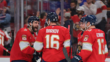 Mar 3, 2025; Sunrise, Florida, USA; Florida Panthers center Aleksander Barkov (16) celebrates with defenseman Aaron Ekblad (5) after scoring against the Tampa Bay Lightning during the second period at Amerant Bank Arena. Mandatory Credit: Sam Navarro-Imagn Images