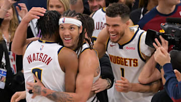 Apr 26, 2025; Inglewood, California, USA; Denver Nuggets forward Aaron Gordon (32) is congratulated by forward Peyton Watson (8) and forward Michael Porter Jr. (1) after the game winning dunk to defeat the Los Angeles Clippers 101-99 in game four of round one of the 2024 NBA Playoffs at Intuit Dome. Mandatory Credit: Jayne Kamin-Oncea-Imagn Images