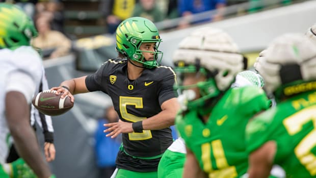 Oregon quarterback Dante Moore during the Oregon Ducks’ Spring Game Saturday, April 27. 2024 at Autzen Stadium in Eugene, Ore