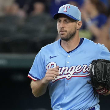 Jun 23, 2024; Arlington, Texas, USA; Texas Rangers starting pitcher Max Scherzer (31) takes the mound during the first inning against the Kansas City Royals at Globe Life Field. Mandatory Credit: Jim Cowsert-USA TODAY Sports