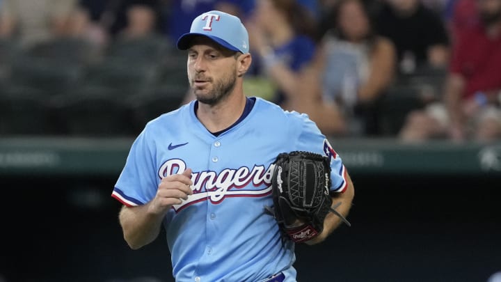 Jun 23, 2024; Arlington, Texas, USA; Texas Rangers starting pitcher Max Scherzer (31) takes the mound during the first inning against the Kansas City Royals at Globe Life Field. Mandatory Credit: Jim Cowsert-USA TODAY Sports
