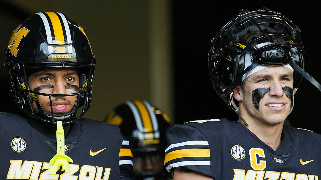 Sep 6, 2025; Columbia, Missouri, USA; Missouri Tigers wide receiver Xavier Loyd (6) and wide receiver Logan Muckey (82) get ready to take the field prior to a game against the Kansas Jayhawks at Faurot Field at Memorial Stadium. Mandatory Credit: Jay Biggerstaff-Imagn Images