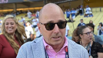 Oct 25, 2024; Los Angeles, California, USA; New York Yankees general manager Brian Cashman before game one against the Los Angeles Dodgers the 2024 MLB World Series at Dodger Stadium. Mandatory Credit: Jayne Kamin-Oncea-Imagn Images