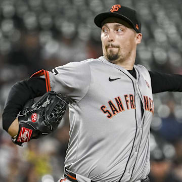 Sep 17, 2024; Baltimore, Maryland, USA;  San Francisco Giants pitcher Blake Snell (7) throws a second inning pitch against the Baltimore Orioles at Oriole Park at Camden Yards.