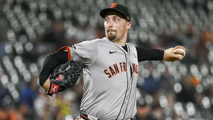 Sep 17, 2024; Baltimore, Maryland, USA;  San Francisco Giants pitcher Blake Snell (7) throws a second inning pitch against the Baltimore Orioles at Oriole Park at Camden Yards.