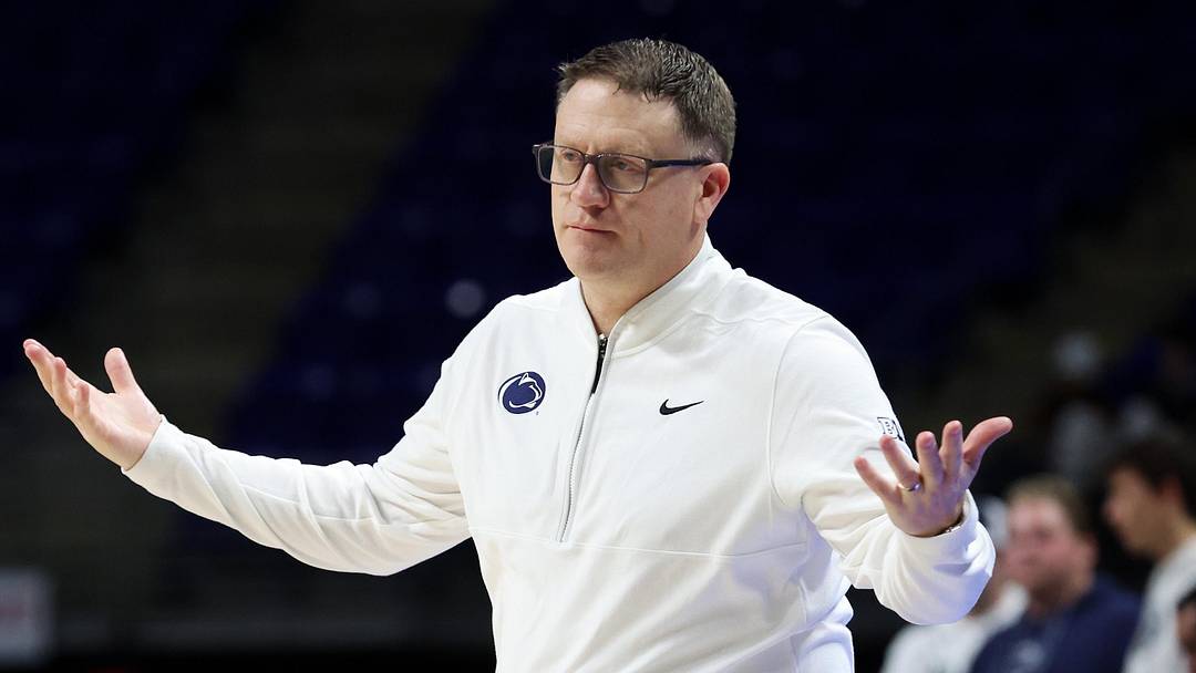 Mar 4, 2026; University Park, Pennsylvania, USA; Penn State Nittany Lions head coach Mike Rhoades gestures from the bench during the second half against the Ohio State Buckeyes at Bryce Jordan Center. Mandatory Credit: Matthew O'Haren-Imagn Images