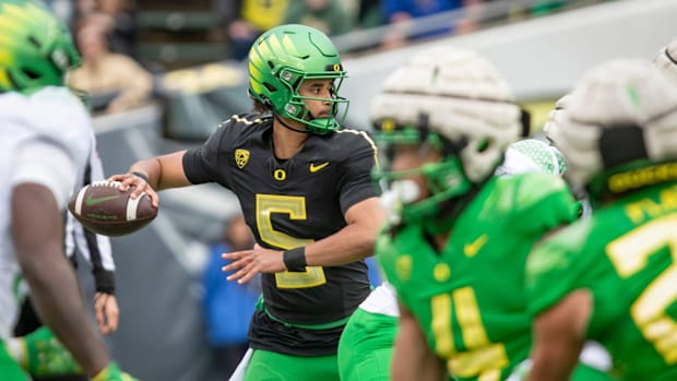 Oregon quarterback Dante Moore during the Oregon Ducks’ Spring Game Saturday, April 27. 2024 at Autzen Stadium in Eugene, Ore