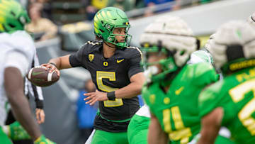 Oregon quarterback Dante Moore during the Oregon Ducks’ Spring Game on Saturday, April 27. 2024 at Autzen Stadium in Eugene, Ore.