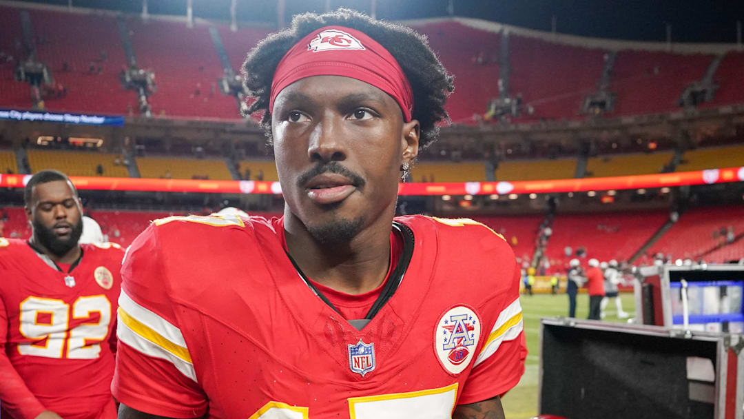 Aug 22, 2024; Kansas City, Missouri, USA; Kansas City Chiefs wide receiver Mecole Hardman (17) leaves the field after the game against the Chicago Bears at GEHA Field at Arrowhead Stadium. Mandatory Credit: Denny Medley-Imagn Images