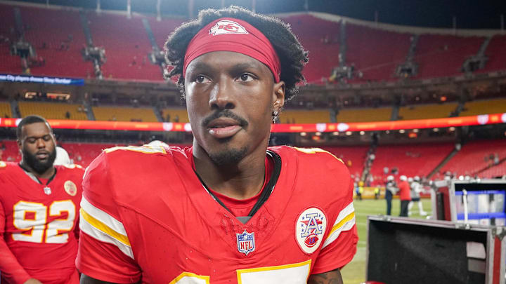 Aug 22, 2024; Kansas City, Missouri, USA; Kansas City Chiefs wide receiver Mecole Hardman (17) leaves the field after the game against the Chicago Bears at GEHA Field at Arrowhead Stadium. Mandatory Credit: Denny Medley-Imagn Images