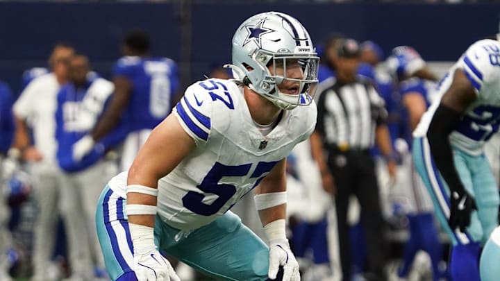 Dallas Cowboys linebacker Jack Sanborn in action against the New York Giants at AT&T Stadium. Dallas Cowboys linebacker Jack Sanborn in action against the New York Giants at AT&T Stadium.