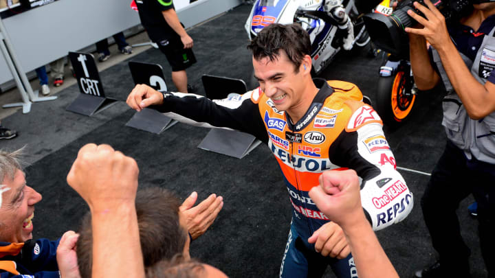 August 26, 2012; Brno, CZECH REPUBLIC; MotoGP rider Dani Pedrosa (ESP) celebrates after winning the Czech Republic Grand Prix at Automotodrom Brno. Mandatory Credit: Matt Kartozian-USA TODAY Sports