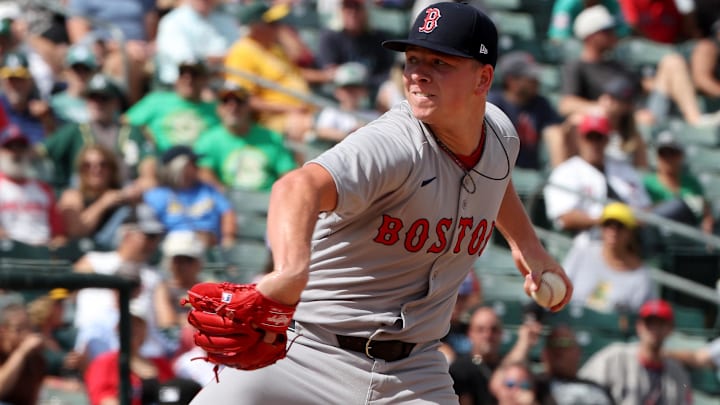 Boston Red Sox pitcher Kyle Harrison (38) throws a pitch against the Athletics during the sixth inning at Sutter Health Park.