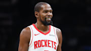 Nov 1, 2025; Boston, Massachusetts, USA; Houston Rockets forward Kevin Durant (7) looks on during the second half against the Boston Celtics at TD Garden. Mandatory Credit: Paul Rutherford-Imagn Images