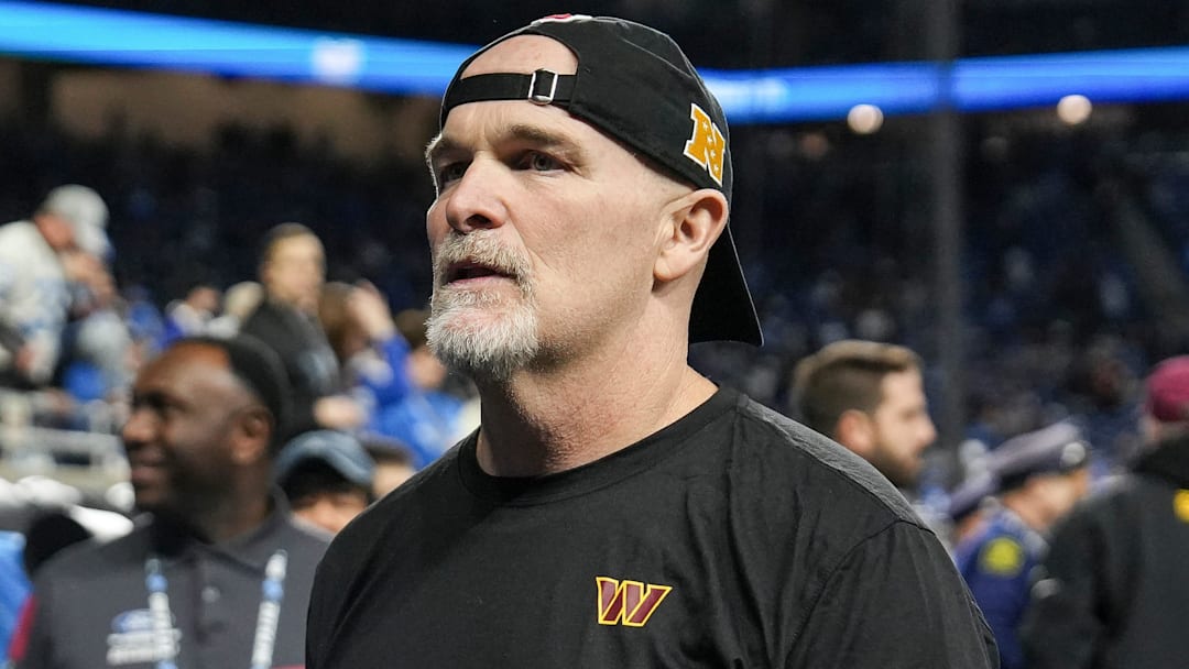 Washington Commanders head coach Dan Quinn walks up the tunnel during warm up before the NFC divisional round between Detroit Lions and Washington Commanders at Ford Field in Detroit on Saturday, Jan. 18, 2025.