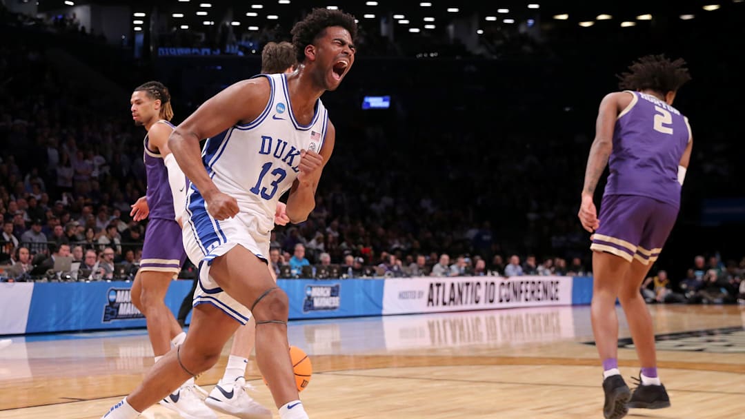 Mar 24, 2024; Brooklyn, NY, USA; Duke Blue Devils forward Sean Stewart (13) reacts after a dunk