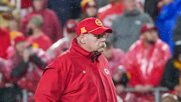 Nov 4, 2024; Kansas City, Missouri, USA; Kansas City Chiefs head coach Andy Reid watches team warm ups against the Tampa Bay Buccaneers prior to a game at GEHA Field at Arrowhead Stadium. Mandatory Credit: Denny Medley-Imagn Images