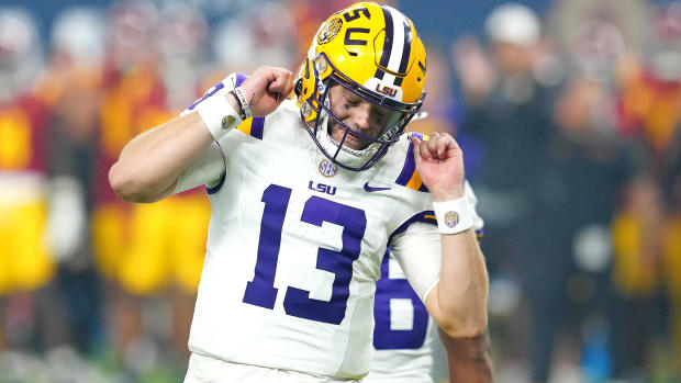 LSU Tigers quarterback Garrett Nussmeier reacts after a penalty.