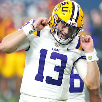 Sep 1, 2024; Paradise, Nevada, USA; LSU Tigers quarterback Garrett Nussmeier (13) reacts after a penalty stops a play against the Southern California Trojans during the fourth quarter at Allegiant Stadium.