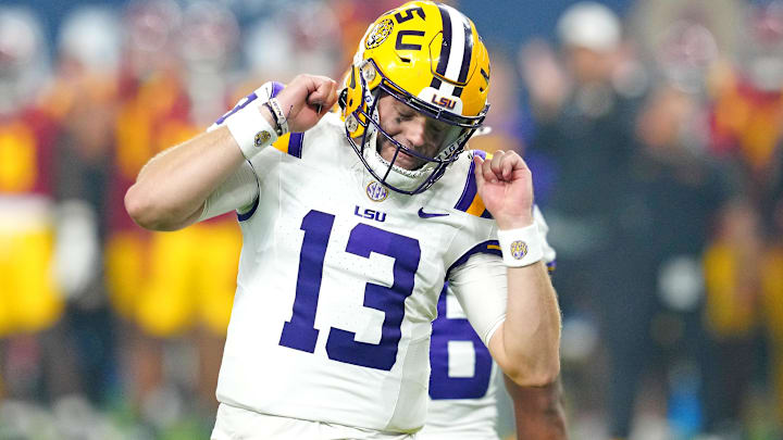 Sep 1, 2024; Paradise, Nevada, USA; LSU Tigers quarterback Garrett Nussmeier (13) reacts after a penalty stops a play against the Southern California Trojans during the fourth quarter at Allegiant Stadium.