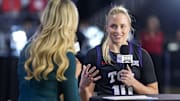 TCU Horned Frogs guard Hailey Van Lith talks with reporter Hannah Wing during the Big 12 Women’s Basketball Media Day.