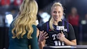 TCU Horned Frogs guard Hailey Van Lith talks with reporter Hannah Wing during the Big 12 Women’s Basketball Media Day.