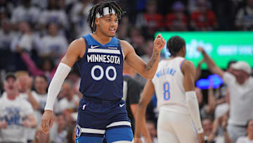 May 24, 2025; Minneapolis, Minnesota, USA; Minnesota Timberwolves guard Terrence Shannon Jr. (00) reacts against the Oklahoma City Thunder during the first half in game three of the western conference finals for the 2025 NBA Playoffs at Target Center. Mandatory Credit: Brad Rempel-Imagn Images
