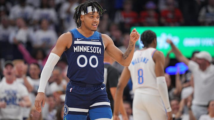 May 24, 2025; Minneapolis, Minnesota, USA; Minnesota Timberwolves guard Terrence Shannon Jr. (00) reacts against the Oklahoma City Thunder during the first half in game three of the western conference finals for the 2025 NBA Playoffs at Target Center. Mandatory Credit: Brad Rempel-Imagn Images