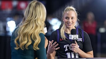 Oct 22, 2024; Kansas City, MO, USA; TCU Horned Frogs guard Hailey Van Lith (10) talks with reporter Hannah Wing during the Big 12 Women’s Basketball Media Day at T-Mobile Center. Mandatory Credit: Jay Biggerstaff-Imagn Images