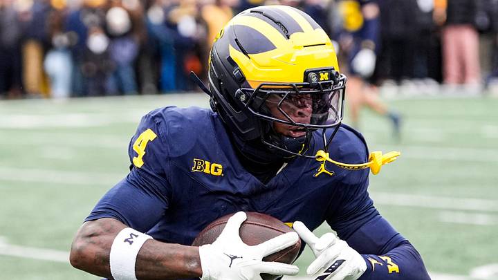 Michigan wide receiver Andrew Marsh (4) warms up at Michigan Stadium in Ann Arbor on Saturday, Nov. 29, 2025.