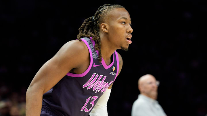Feb 20, 2026; Minneapolis, Minnesota, USA; Minnesota Timberwolves guard Ayo Dosunmu (13) in the third quarter against the Dallas Mavericks at Target Center. Mandatory Credit: Matt Blewett-Imagn Images