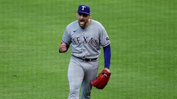 Oct 16, 2023; Houston, Texas, USA; Texas Rangers starting pitcher Nathan Eovaldi (17) reacts after the fifth inning against the Houston Astros during game two of the ALCS for the 2023 MLB playoffs at Minute Maid Park. Mandatory Credit: Troy Taormina-Imagn Images